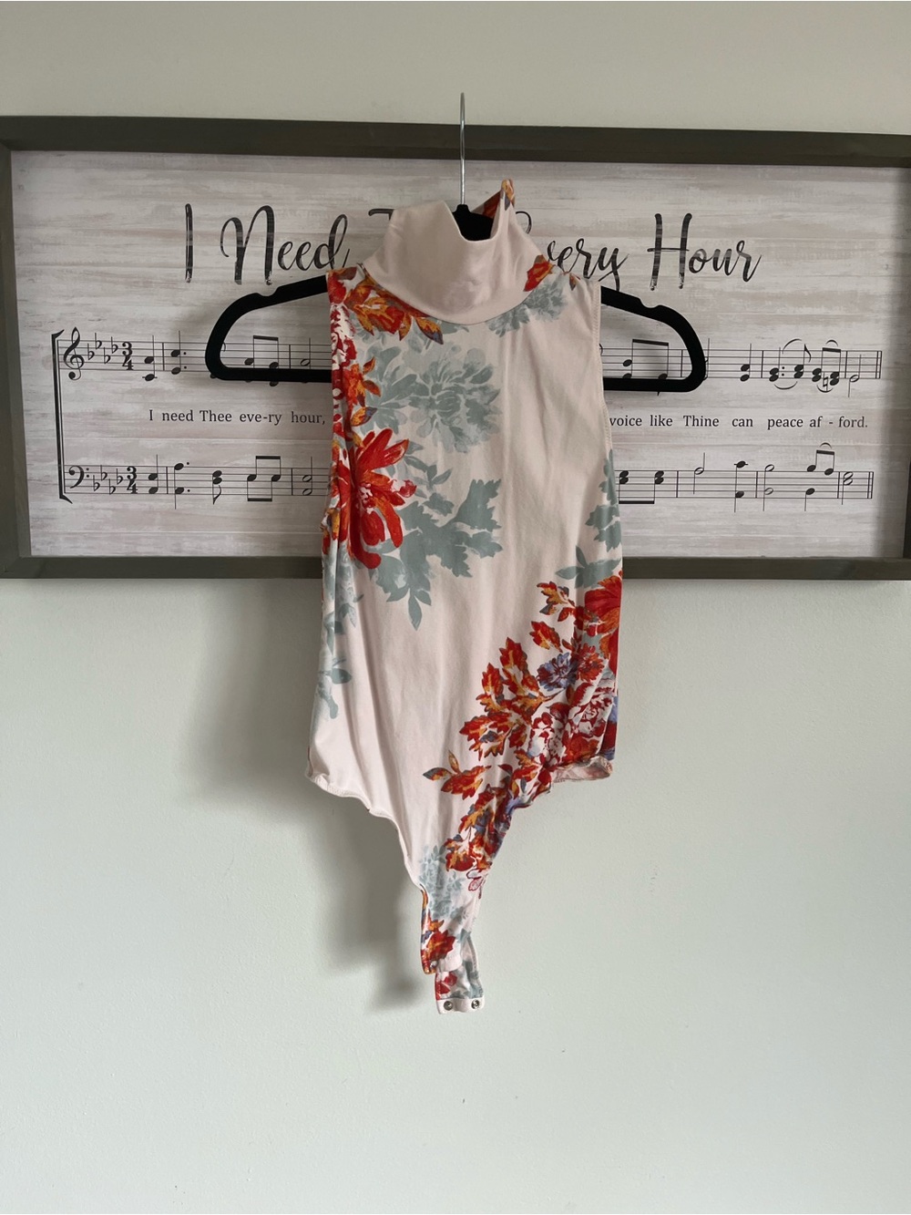 Anthropologie Cream Mock-Neck Floral Bodysuit with Red Accents